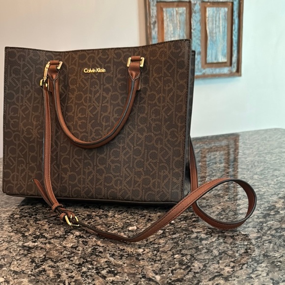 Calvin Klein Brown monogram logo Structured Tote with Gold Accents - Picture 4 of 16
